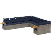 vidaXL 10-delige Loungeset met kussens poly rattan grijs