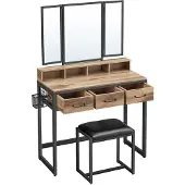 Vasagle Kaptafel met krukje en drievoudige spiegel, Eiken bruin + zwart