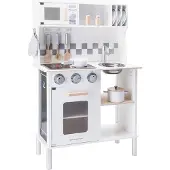 Woet Houten Speelgoed Kinderkeuken - Speelkeukentje met Kookplaat met Licht en Geluid - Speelkeuken Wit met Diverse Accessoires - Werkbladhoogte 55 cm - Rollenspel - Vanaf 3 Jaar