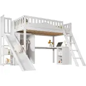Merax Hoogslaper 90x200 met Glijbaan - Eenpersoonsbed met Bureau en Kast – Wit