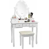 Viking Choice Houten kaptafel wit - met LED-verlichte spiegel- met bijpassende kruk - 80x40x137 cm