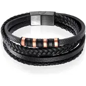 Mendes Leren heren armband Multi Edelstaal Zwart Rose-21.5cm