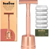 Bambaw Metalen Scheermes met Standaard – Scheermesjes mannen vrouwen – Safety Razor Mannen – Safety Razor voor vrouwen – Voor Double Edge Mesjes - Roségoud