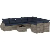 vidaXL 10-delige tuinbankset met kussens, grijs polyrotan