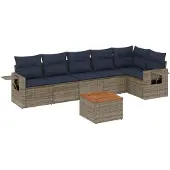 vidaXL 7-delige tuinbankset met kussens, grijs polyrotan