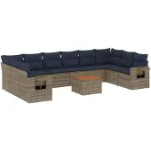 vidaXL 11-delige tuinbankset met kussens, grijs polyrotan
