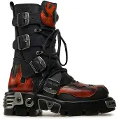 New rock Flame geaccentueerde zwart/rode leren biker-schedellaarzen - 107-S1