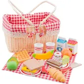 Woet Houten Picknickmand Speelset - Compleet Picknick Rollenspel met 30+ Accessoires - Brood, Fruit, Drinken, Servies & Kleedje - Educatief Keukenspeelgoed - Vanaf 3 Jaar
