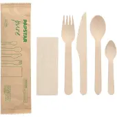Papstar 50 Besteksets Hout pure : Messer, Gabel, Löffel, Kaffeelöffel, Serviette in Papierbeutel