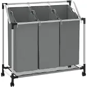 vidaXL Wasmand met wielen 3 vakken grijs