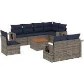 vidaXL 9-delige tuinbankset met kussens, grijs polyrotan