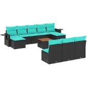 vidaXL 11-delige tuinbankset met kussens, zwart polyrotan