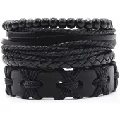 LGT JWLS Leren armbanden set met houten kralen zwart