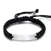 TJ Tom Jaxon Tom Jaxon Heren armband Gevlochten Touw Graveerplaat Zwart Zilverkleurig Verstelbaar