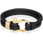 Mendes Nautische heren armband Leer Edelstaal Zwart Goudkleurig - 21cm