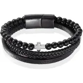 Memphis Heren armband Agaat kraal gevlochten leer Kruis Zwart - 19cm