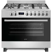 Wiggo WO-E969R - Vrijstaand gasfornuis - 90 cm - 6 kookzones met dubbele wokbrander - 110L elektrische oven - Roestvrijstaal