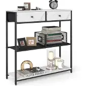 Vasagle Smalle consoletafel met stoffen lades, Marmerwit + Inktzwart