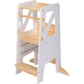 Sunny Liv Leertoren Beige/Wit | Leerstoel voor Kinderen | Kinderleertoren In Hoogte Verstelbaar Platform met 3 Treden | 44 x 40 x 90 cm