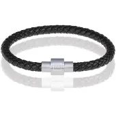 Memphis armband leer met edelstaal Zwart Zilver-22cm