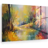 MuchoWow Glasschilderij 180x120 cm - Schilderij acrylglas - Landschap - Olieverf - Rivier - Kleurrijk - Foto op glas - Muurdecoratie woonkamer - Wanddecoratie slaapkamer - Schilderijen