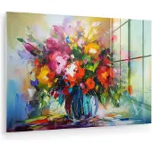 MuchoWow Glasschilderij 180x120 cm - Schilderij acrylglas - Bloemen - Kleurrijk - Bloempot - Olieverf - Foto op glas - Muurdecoratie woonkamer - Wanddecoratie slaapkamer - Schilderijen