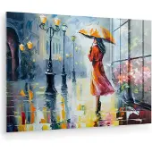 MuchoWow Glasschilderij 180x120 cm - Schilderij acrylglas - Olieverf - Paraplu - Vrouw - Straat - Kunst - Foto op glas - Muurdecoratie woonkamer - Wanddecoratie slaapkamer - Schilderijen