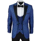 TruClothing Heren blauwe smoking blazer vest brokaat zwart satijn paisley dinerjack