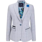 TruClothing Dames blauw geruite blazer van wolmix met visgraatmotief en tweedmotief