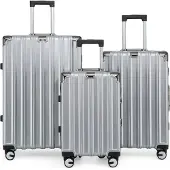 Infinity Leather Hardshell Zilveren Kofferset Robuuste 8 Wiel Bagage Cabine Tas