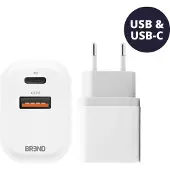 BREND BR-2212 Snellader met 2 Poorten - Power Charger – Snellaadadapter met USB en USB-C Aansluiting – Geschikt voor iPhone en Android - Wit
