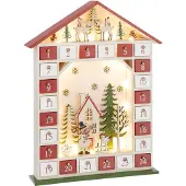 J-Line decoratie Huis Adventskalender - multiplex - rood/wit - LED lichtjes
