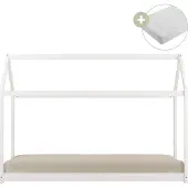 Sunny Zoey Bedhuisje van Hout in Wit | Kinderbed in Huis Vorm Inclusief Hybrid Matras 90x200 (14 cm, Hybrid foam, polyester hoes) | Volledige afmetingen (LxBxH): 206 x 98 x 154 cm