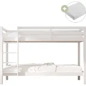 Sunny Jip Stapelbed van Hout in Wit | Kinderbed Inclusief 2 Hybrid Matrassen 90x200 (14 cm, Hybrid foam, polyester hoes) | Volledige afmetingen (LxBxH): 208 x 97 x 140 cm
