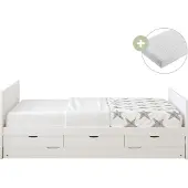 Sunny Eli Kinderbed van Hout met 3 Lades in Wit | Kajuitbed met Uitschuifbed Inclusief Hybrid Matras 90x200 (14 cm, Hybrid foam, polyester hoes) | Volledige afmetingen (LxBxH): 206,5 x 97 x 75 cm