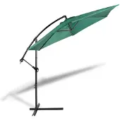 909 Outdoor Hangende parasol in donkergroen 2.5 m hoog, Tuinparasol met stalenframe en hoes, Parasol met zwengelgreep en kantelfunctie, Diameter 300 cm