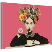 MuchoWow Aluminium schilderij 180x120 cm - Wanddecoratie metaal - Meisje - Kopje - Bloemen - Roze - Metalen muurdecoratie woonkamer - Decoratie industrieel - Foto op dibond - Industriële accessoires slaapkamer