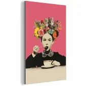 MuchoWow Aluminium schilderij 80x120 cm - Wanddecoratie metaal - Meisje - Kopje - Bloemen - Roze - Metalen muurdecoratie woonkamer - Decoratie industrieel - Foto op dibond - Industriële accessoires slaapkamer