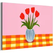 MuchoWow Aluminium schilderij 90x60 cm - Wanddecoratie metaal - Tulpen - Roze - Vaas - Metalen muurdecoratie woonkamer - Decoratie industrieel - Foto op dibond - Industriële accessoires slaapkamer