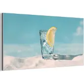 MuchoWow Aluminium schilderij 40x20 cm - Wanddecoratie metaal - Glas - ijsblokjes - Citroen - Metalen muurdecoratie woonkamer - Decoratie industrieel - Foto op dibond - Industriële accessoires slaapkamer