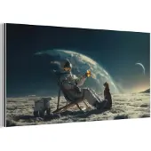 MuchoWow Aluminium schilderij 120x60 cm - Wanddecoratie metaal - Astronaut - Kat - Glas - Stoel - Metalen muurdecoratie woonkamer - Decoratie industrieel - Foto op dibond - Industriële accessoires slaapkamer
