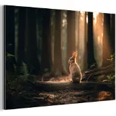 MuchoWow Aluminium schilderij 120x80 cm - Wanddecoratie metaal - Konijn - Bos - Zonnestralen - Metalen muurdecoratie woonkamer - Decoratie industrieel - Foto op dibond - Industriële accessoires slaapkamer