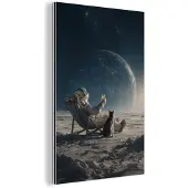 MuchoWow Aluminium schilderij 60x90 cm - Wanddecoratie metaal - Maan - Kat - Astronaut - Ruimte - Metalen muurdecoratie woonkamer - Decoratie industrieel - Foto op dibond - Industriële accessoires slaapkamer
