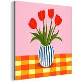 MuchoWow Aluminium schilderij 20x20 cm - Wanddecoratie metaal - Tulpen - Roze - Vaas - Metalen muurdecoratie woonkamer - Decoratie industrieel - Foto op dibond - Industriële accessoires slaapkamer