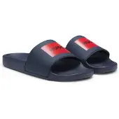 HUGO Heren Teenslippers met logo op de marineband (39), Plat, Geen, Strandkleding, Marineblauw 50548061