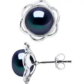 Diadema Stud Oorbellen FLOWER Beads Freshwater 89mm Zwarte Knopen 925