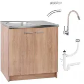 Stamar - Keukenmeubel Spoelbak 80cm Kraan Elast Beige Afvoerbeugels - Eiken Sonoma