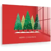 MuchoWow Glasschilderij 60x40 cm - Schilderij acrylglas - Minimalistisch - Kerstbomen - Rood - Sneeuw - Foto op glas - Muurdecoratie woonkamer - Wanddecoratie slaapkamer - Schilderijen