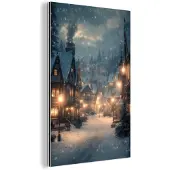 MuchoWow Aluminium schilderij 80x120 cm - Wanddecoratie metaal - Winterdorp - Sneeuw - Donker - Metalen muurdecoratie woonkamer - Decoratie industrieel - Foto op dibond - Industriële accessoires slaapkamer