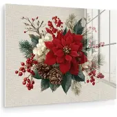 MuchoWow Glasschilderij 80x60 cm - Schilderij acrylglas - Kerststuk - Poinsettia - Dennenappels - Rood - Foto op glas - Muurdecoratie woonkamer - Wanddecoratie slaapkamer - Schilderijen